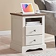 T4TREAM Nightstand with Charging Station, 18 Inch Vintage End Table with 2 Drawers, Wood Rustic Sofa Side Table with Open Storage Shelf for Bedroom, Living Room, Antique White