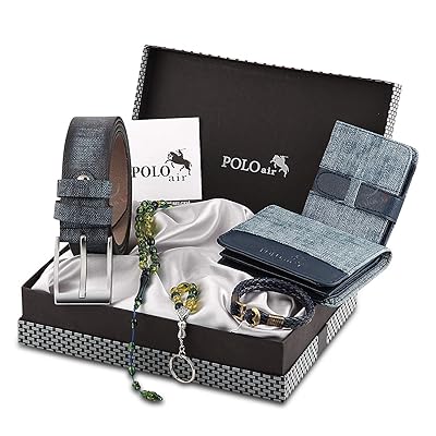 Polo Air Men's Blue1 Accesories Gift Set Including (Wallet - Belt - Credit Card Holder - Key Chain - Bracelet - Bead Rosary-Box)