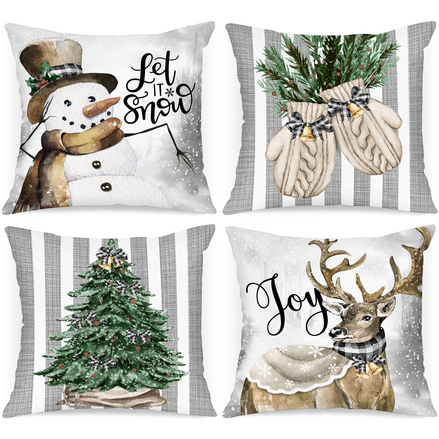 Lanpn Winter 50x50 Christmas Throw Pillow Covers Set of 4, Xmas Snowman Gloves Elk Eucalyptus Winter Decorative Holiday Pillow Case Cushion Cover 50 x 50 for Indoor Home Bedroom Sofa Couch