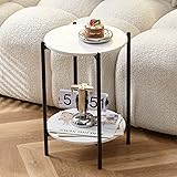 GSSDE Round End Table, Marbel Nightstand with Metal Frame, Modern Sofa Side Table for Living Room Bedroom, 2 Tiers Coffee End