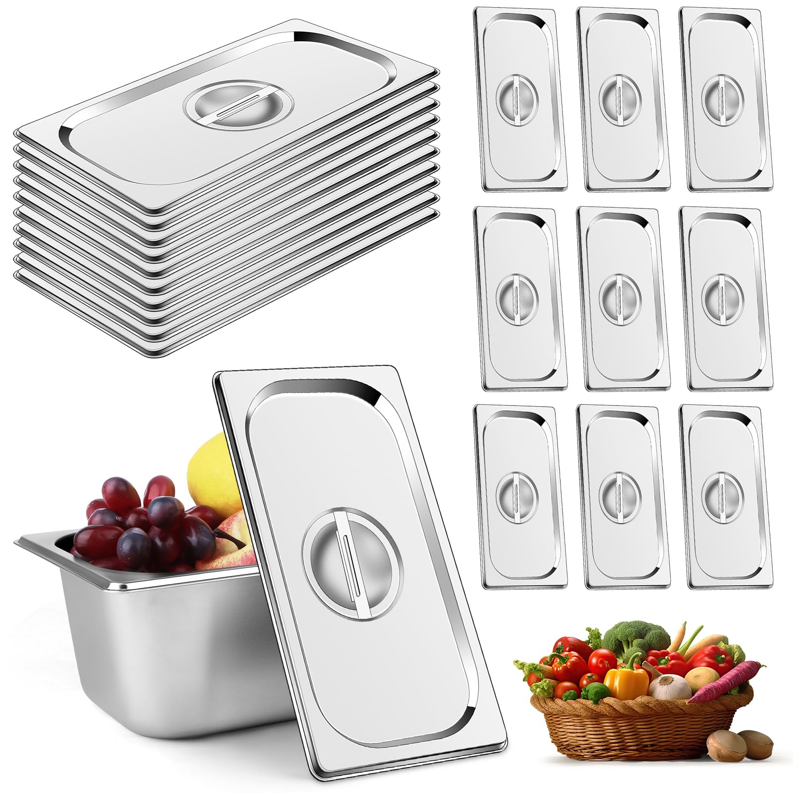 Photo 1 of 10 Pack 1/3 Size Steam Table Pan Covers Universal Handled Lid Stainless Steel With Handle Restaurant Commercial Hotel Pan Cover 6.9 x 12.8 Inch for Food, Fruits, Vegetables