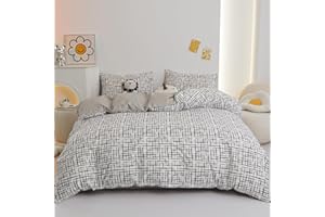 LIWHENHAO Plaid Duvet Cover Set Queen 100% Cotton Bedding Black and White Grid Checkered Print 1 Abstract Geometric Comforter Cover Full Zipper Closure 2 Pillowcases for Kids Girls Boys Woman