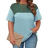 Cakrisyal Womens Plus Size Short Sleeve Color Block Pullover Tunic Tops Summer Casual Crewneck Side Split T Shirts