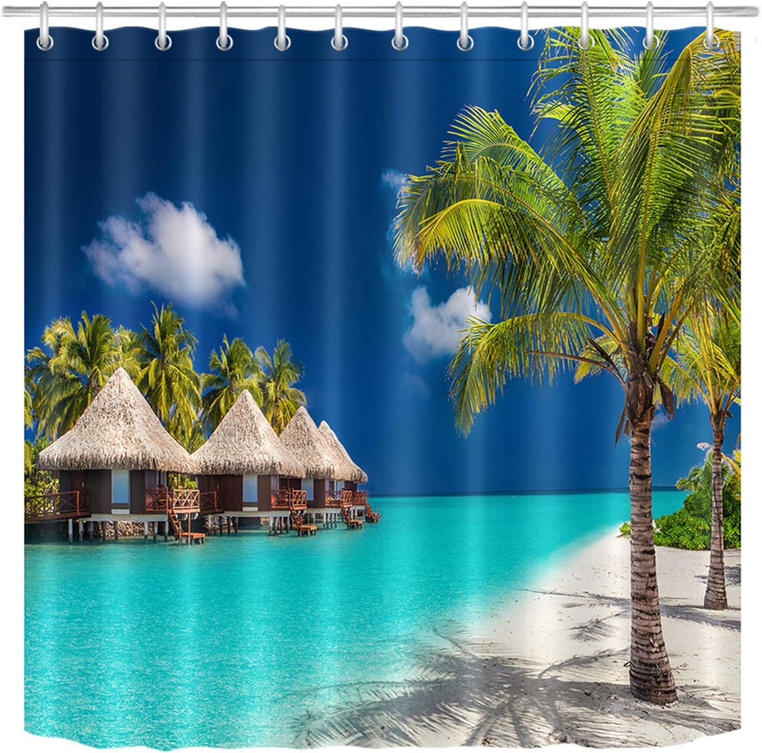 LB Beach Hut Shower Curtain Turquoise Sea Bathroom Curtains Green Palm Tree Tropical Island Polyester Anti Mould Waterproof Bath Curtain with Hooks,71x71 inch - Image 4