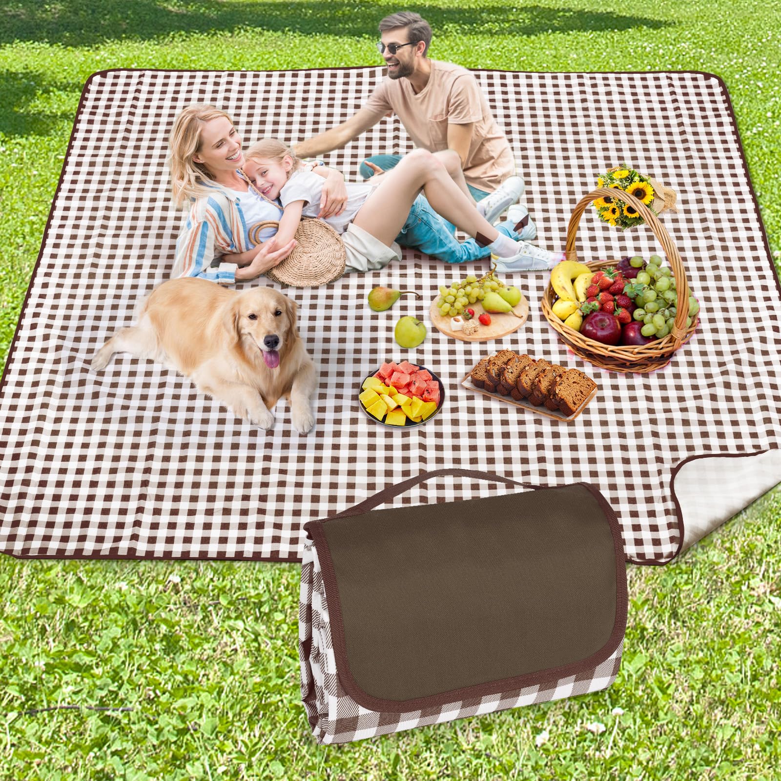 Anyiner Picnic Blanket Waterproof 200x200cm Large Travel Blanket Beach Blanket, Slip Resistant With Carrying Handle for Family Picnic Beach Camping, Brown Plaid (Brown, 200 x 200 cm)