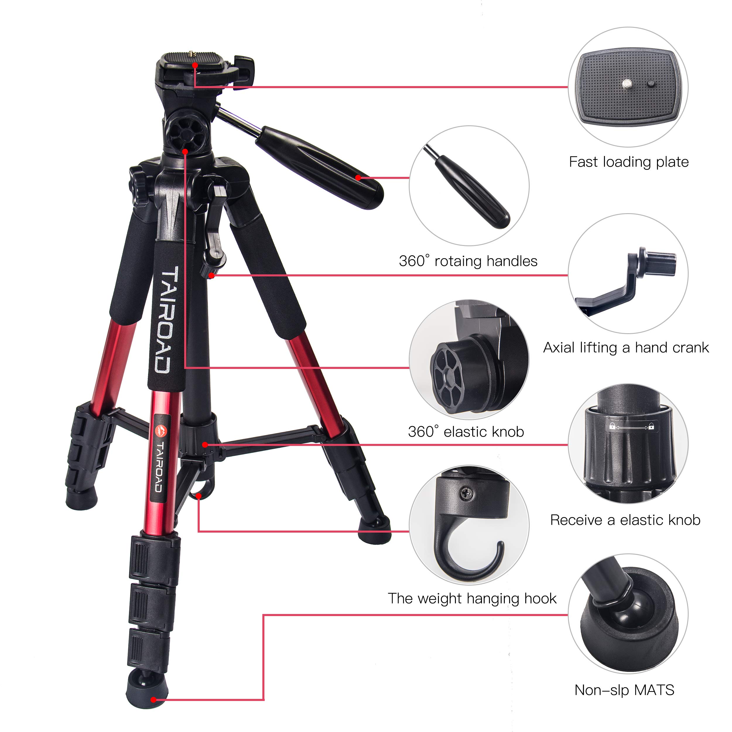 Treppiede per macchina fotografica - Treppiede Tairoad 140cm leggero con clip per cellulare e piastra a sgancio rapido per fotografia, Live Show - Rosso