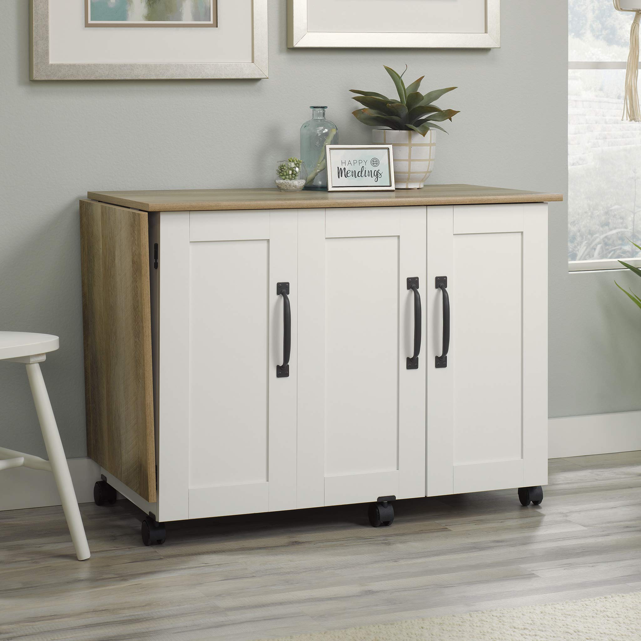 Sauder Miscellaneous Storage Sewing Cart, Drop-Leaf Craft Table, Sewing Table with Storage - Soft White Finish