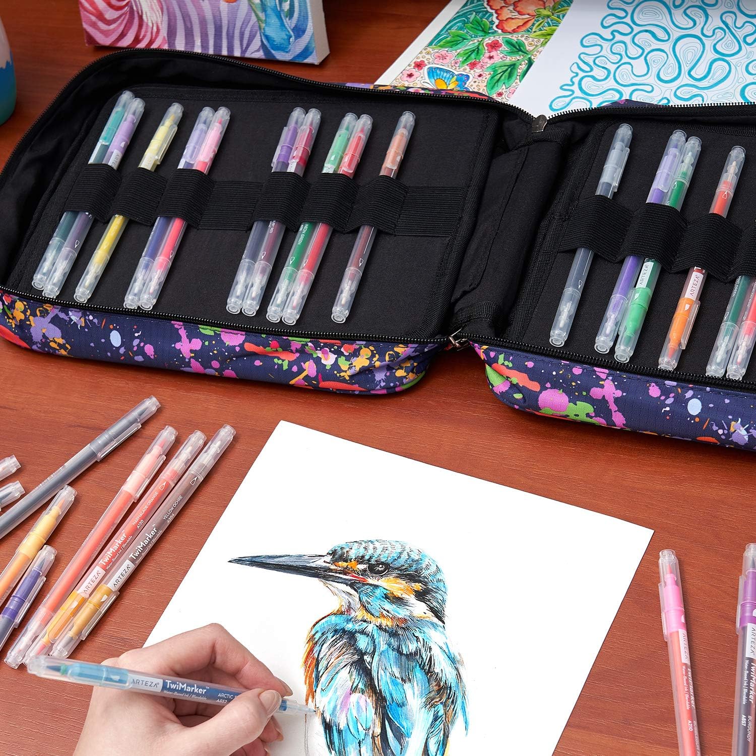 ARTEZA Large Pencil Case, 64 Elastic Slots, Paint Splatter Pattern, for Beginners & Experts, Holds Up to 205 Pencils - Image 3