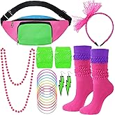 Handepo 19 Pcs 80s Costume Accessories Set Neon Retro 80s Fanny Pack Hairband Fishnet Gloves Bracelet Earrings Necklace Socks