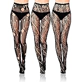 BOARDFEB 3 Pairs Black Stars Floral Tight Legging Lace Patterned Fishnet Tights Small Hole High Pantyhose Waist for Halloween