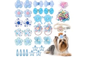 Cherocito 180+ Pcs Blue Dog Hair Accessories Set,Small Dog Hair Bows with Rubber Bands,Cute Puppy Hair Ties,Bowties for Small Dogs Cats,Dog Hair Clip,Floral Bell Collar,Flower Scrunchie