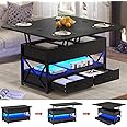 Itaar 40" Lift Top Coffee Table, 4 in 1 Coffee Tables with Storage for Living Room, Small Farmhouse Coffee Table with 2 Drawers & LED Light for Dining Reception Room, Black