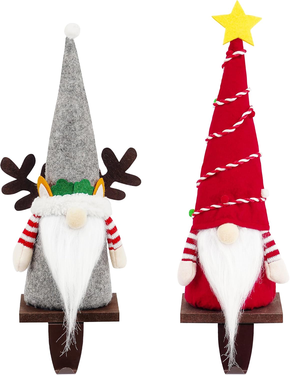Stockings & Holders - Christmas Gnome Stocking Holders Set for Mantle Fireplace, Weighted Wood Rack Metal Hook Hanger Dwarf Sock Clip Stand, Xmas Decoration Table Counter Ornament Home Holiday Party Indoor Decor Gifts 2023