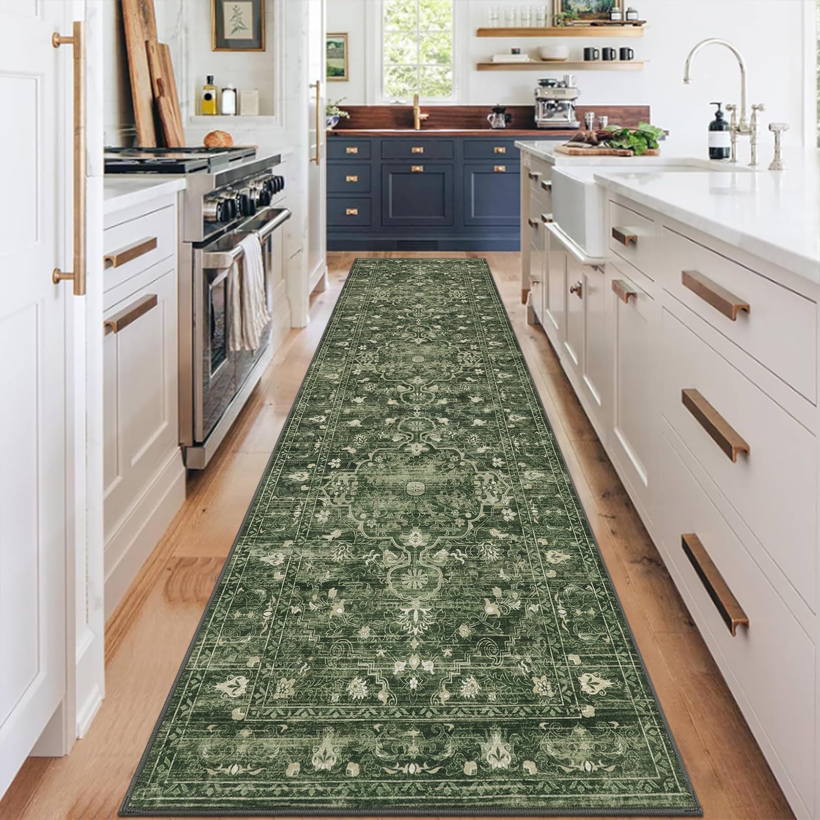 U'Artlines 2' x 8' Boho Hallway Runner Rug Vintage Farmhouse Non Slip Soft Washable Accent Runner Carpet for Kitchen, Entryway, Laundry, Living Room(Dark Green) Image U'Artlines 2' x 8' Boho Hallway Runner Rug Vintage Farmhouse Non Slip Soft Washable Accent Runner Carpet for Kitchen, Entryway, Laundry, Living Room(Dark Green) Image