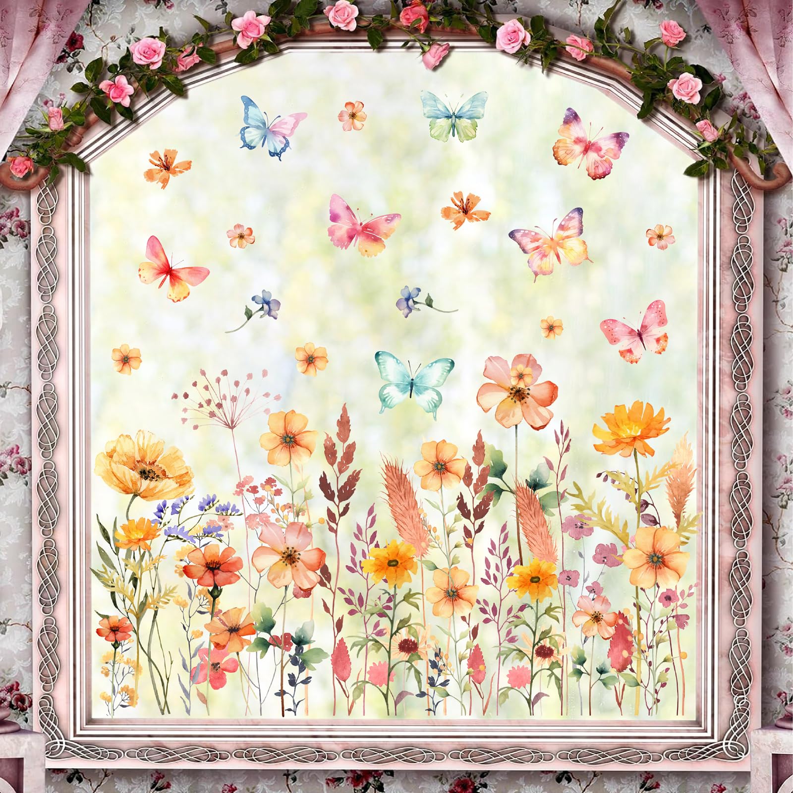 Flower Wall Stickers Wildflower Butterflies Wall Art Decals for Baby Girls Bedroom Living Room Spring Floral Wall Decal Watercolor Garden Flower Wall Sticker for Nursery Art Mural Decoration