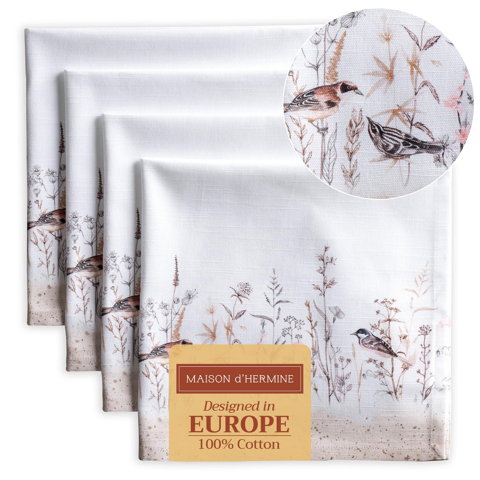 Maison d' Hermine Cloth Napkins Set of 4 100% Cotton Everyday Reusable Square Napkins Cloth Washable Dinner Party Wedding Restaurant Gifts for Mothers Day (Meadow Florals - Brown, 45 CM x 45 CM)