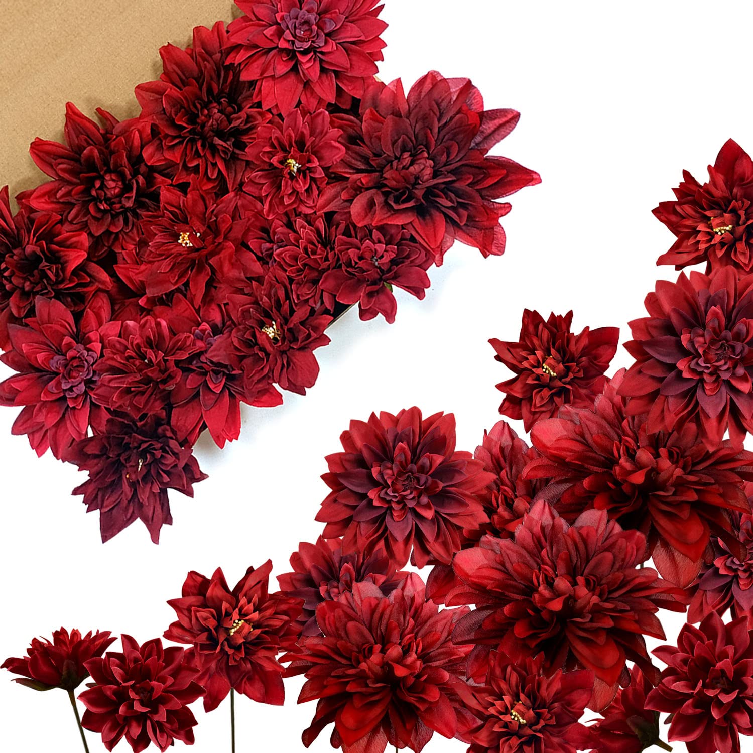 OrgMemory Artificial Flowers, Foam Fake Combo Box Set, Flowers with Stems, for DIY Floral Arrangements Bouquets Wedding Party Home Baby Shower Decor (Burgundy Dahlias)