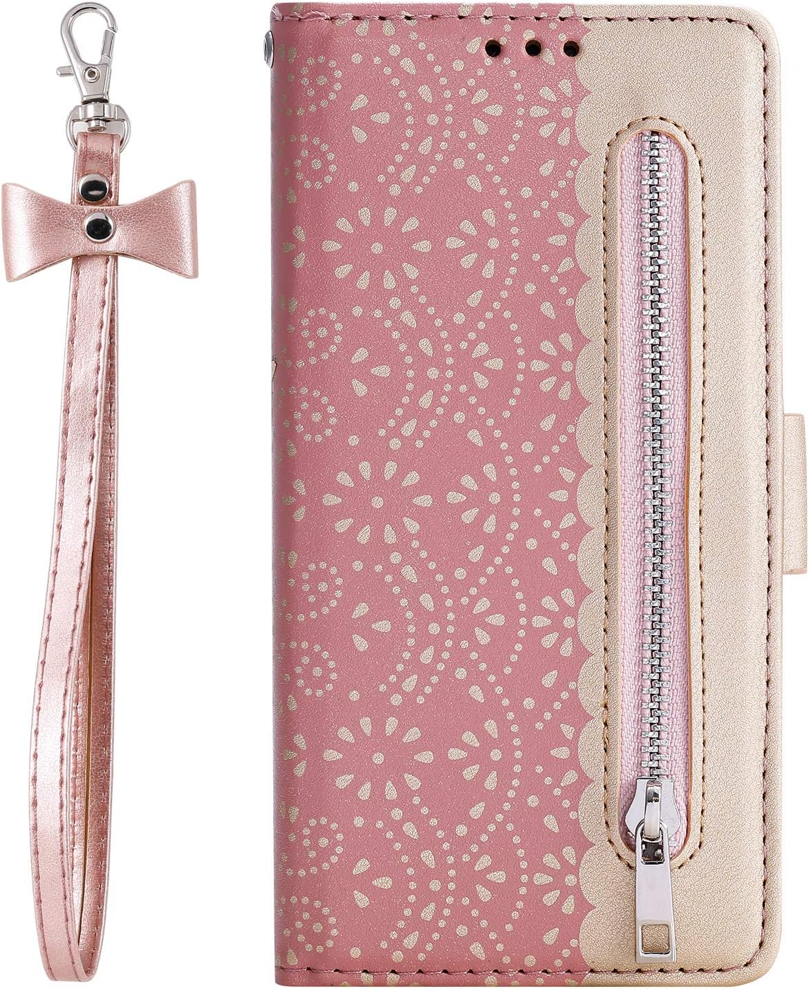 WIWJ Wallet Case for Samsung Galaxy A80,Lace Pattern PU Leather [Magnetic Closure] [Card Slots] [Kickstand] [Zipper Pocket] Handbag Flip Cover Case for Samsung Galaxy A80, Rose Gold