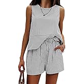 EXLURA Womens 100% Cotton Summer 2 Piece Outfits Sleeveless Tank Tops Matching Shorts Sets Striped Cruise Beach Vacation 2026