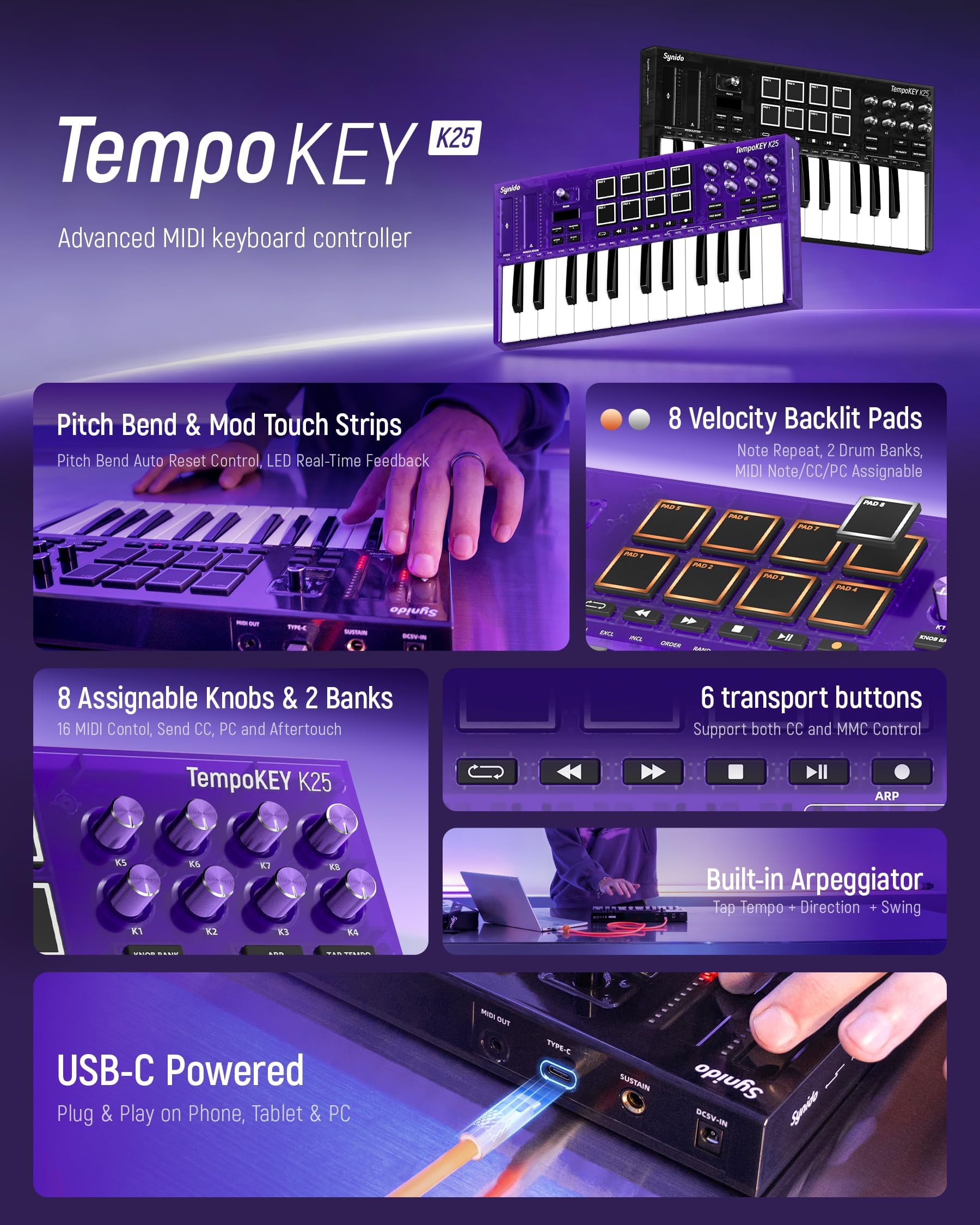 Mua Synido 25 Key USB MIDI Keyboard Controller with Drum Pads ...