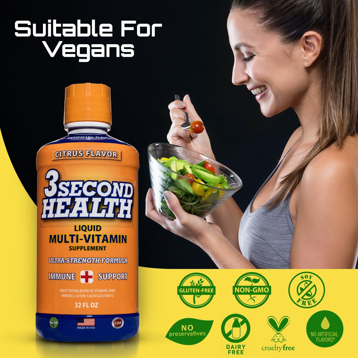 3 Second Health Liquid Multivitamin - Vegan - Non GMO - Gluten Free - Dairy Free - Soy Free - No Artificial Flavors or Preservatives - 32 Servings - GMP - USA Made - Boost Energy and Mental Clarity: Health & Personal Care