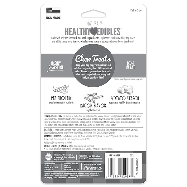 NYLABONE HEALTHY EDIBLES NATURAL DOG CHEWS LONG LASTING BACON FLAVOR TREATS FOR DOGS, X-SMALL/PETITE (8 COUNT)