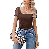 Avidlove Women's Short Sleeve Bodysuit Square Neck Sheer Mesh Bodysuit Leotard Ruched Thong Body Date Outfits Going Out Tops