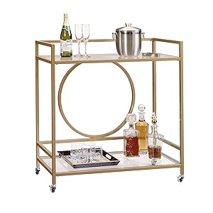 Sauder 417828 International Lux Bar Cart, Glass/Satin Gold Finish
