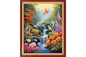 Dimensean Stamped Cross Stitch Kits Full Range of Embroidery Patterns Starter Kits for Beginners Adult or Kids DIY Cross Stitches Needlepoint Kits 11CT-Colorful Flower Waterfall 16x20 inch