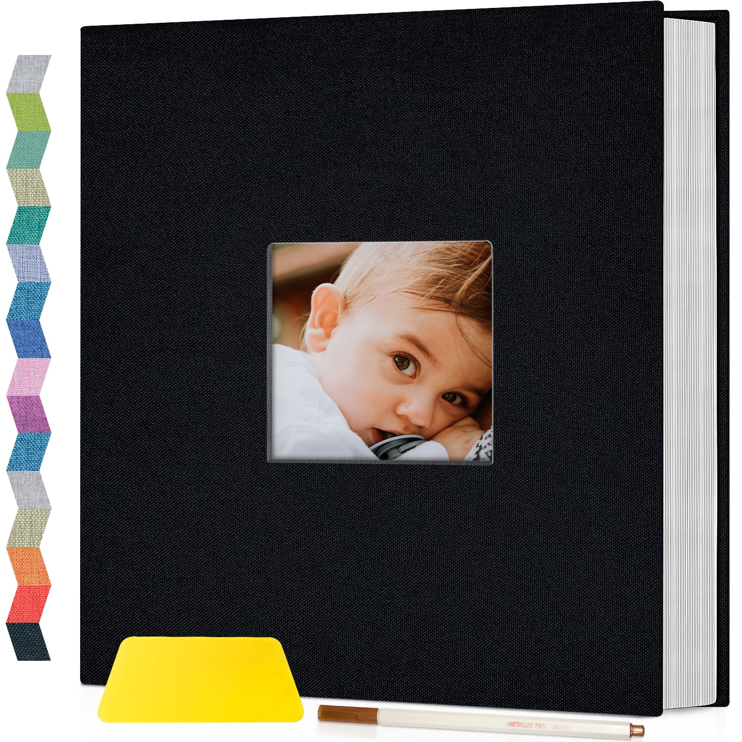 Photo 1 of popotop Photo Album Self Adhesive with Picture Display Window,60 Pages DIY Scrapbooking Supplies Kit for 4x6 10x12 Picture,Linen Cover Memory Book for Baby Wedding, with Scraper and Metallic Pen