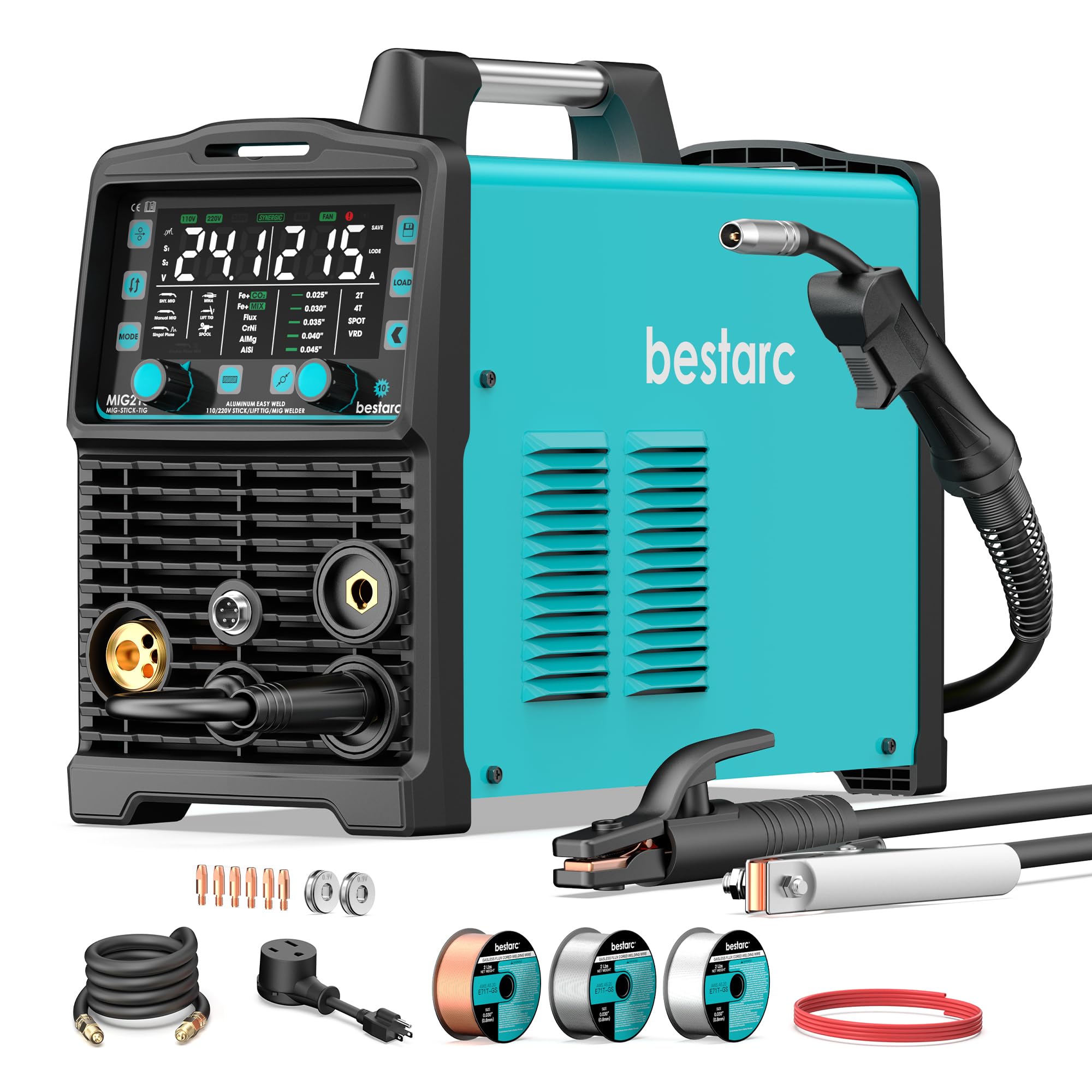 bestarc 215Amp MIG Welder, 110V 220V Gas MIG/Flux Core MIG/Stick/Lift TIG/Spool Gun/Spot Welding 7 IN 1 Aluminum Welding Machine, IGBT Multiprocess bestarc Welder with Synergy, Spool Gun Compatible Image