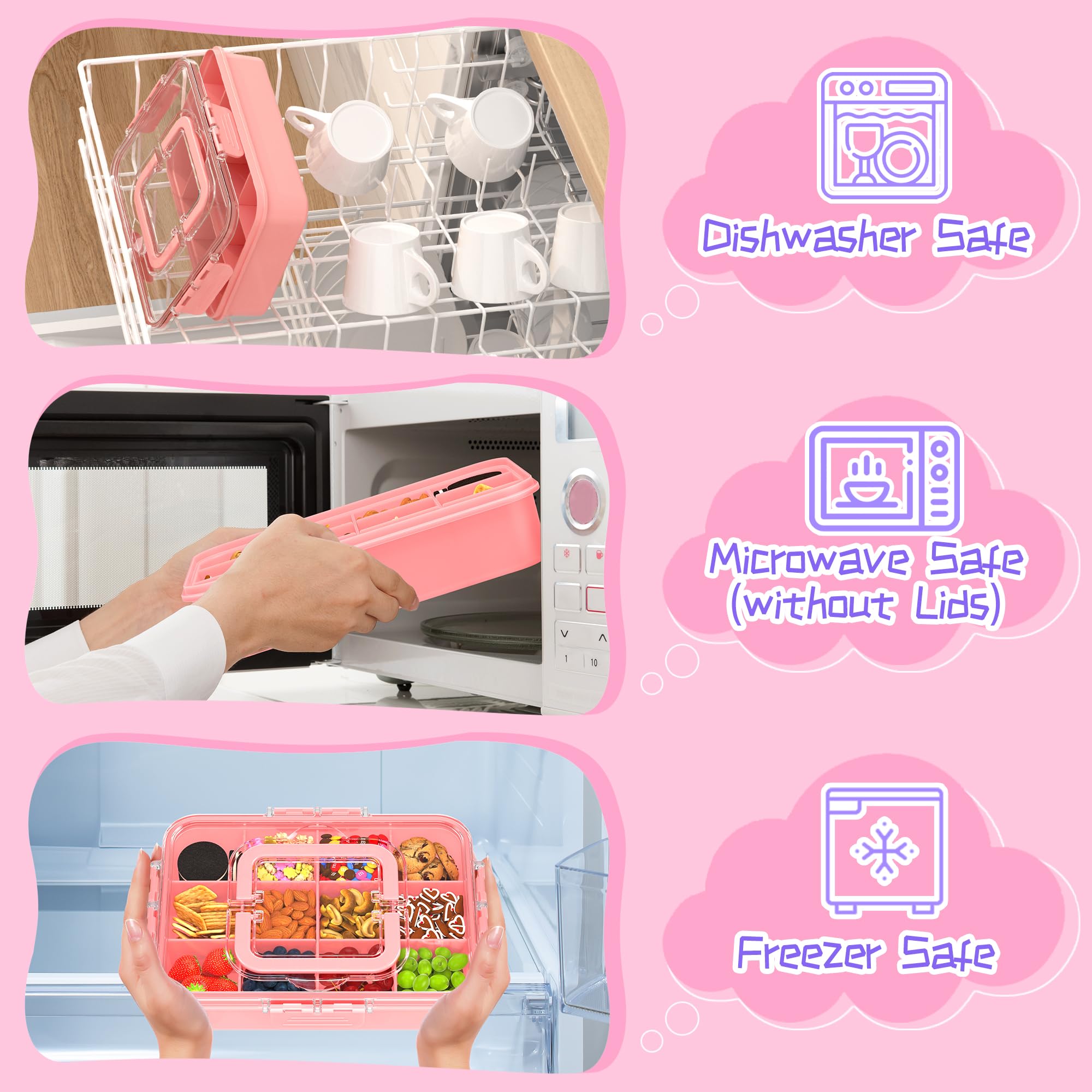 Xyptorix Snack Box Container for Kids - Adjustable 12-Compartment Snack Containers, Reusable Bento Box, Dishwasher Safe, BPA-Free, Perfect for School, Travel, Camping & Picnic, Pink