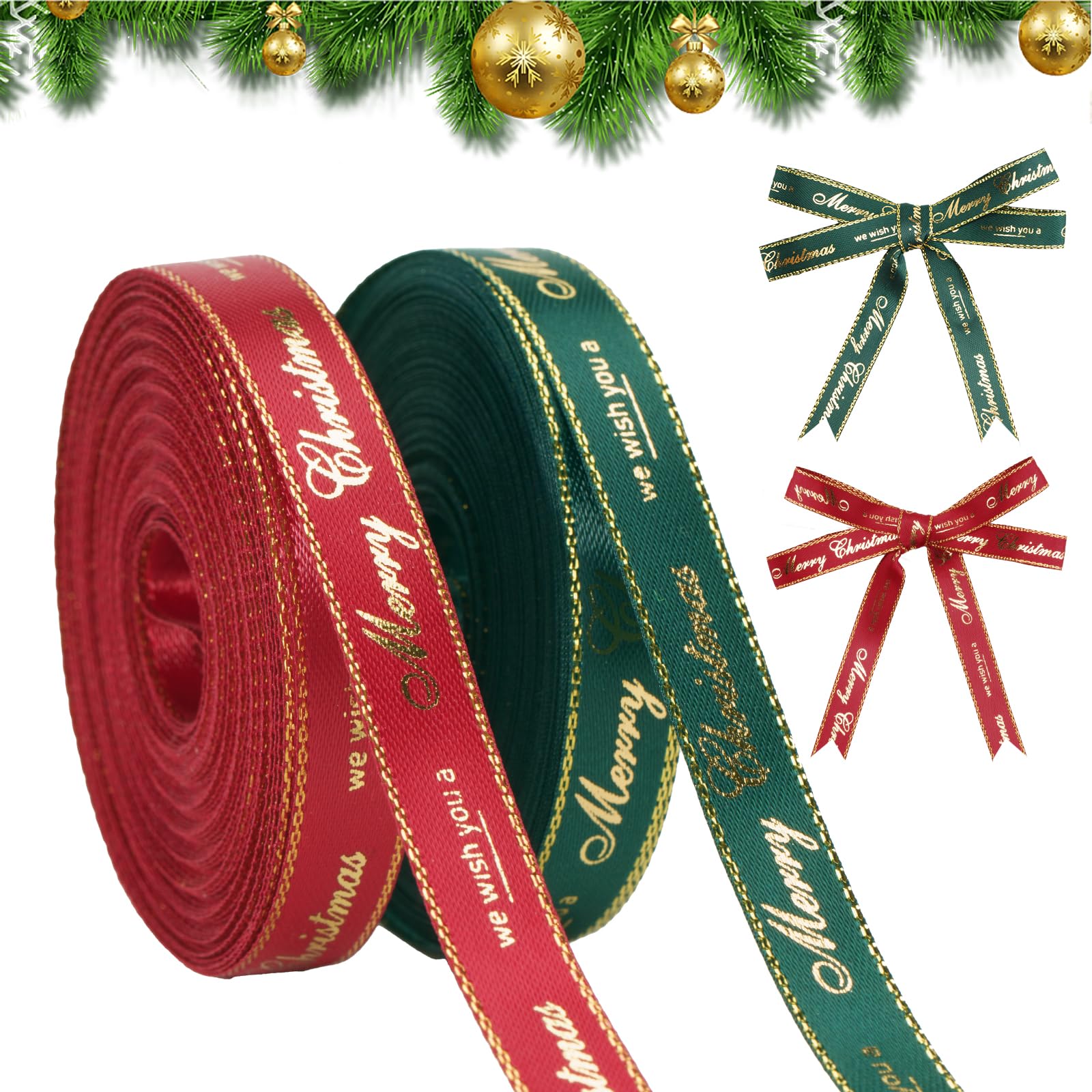 KINGLAKE 2 Rolls x 10 Yards Merry Christmas Ribbon for Gift Wrapping, 10mm Red Green Satin Ribbon Gold Trim Christmas Ribbon for Crafting, Xmas Tree, Presents,Flowers, DIY Crafts,Gift Basket