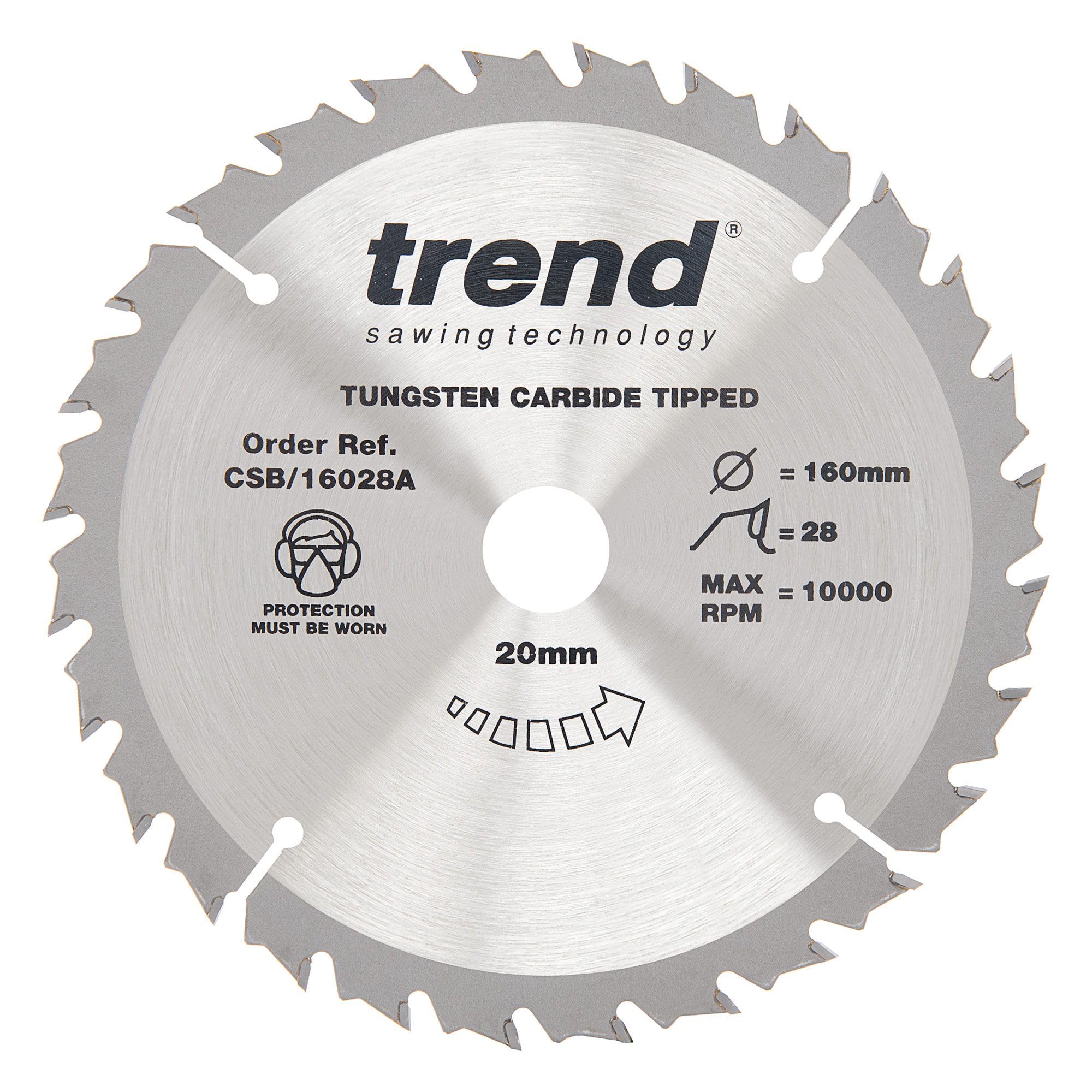 Trend Wood Circular Saw Blade, 160mm Diameter, 20mm Bore, 28 Teeth, 2.2mm Kerf, +15° Hook, TCT, Medium Finish, CSB/16028A