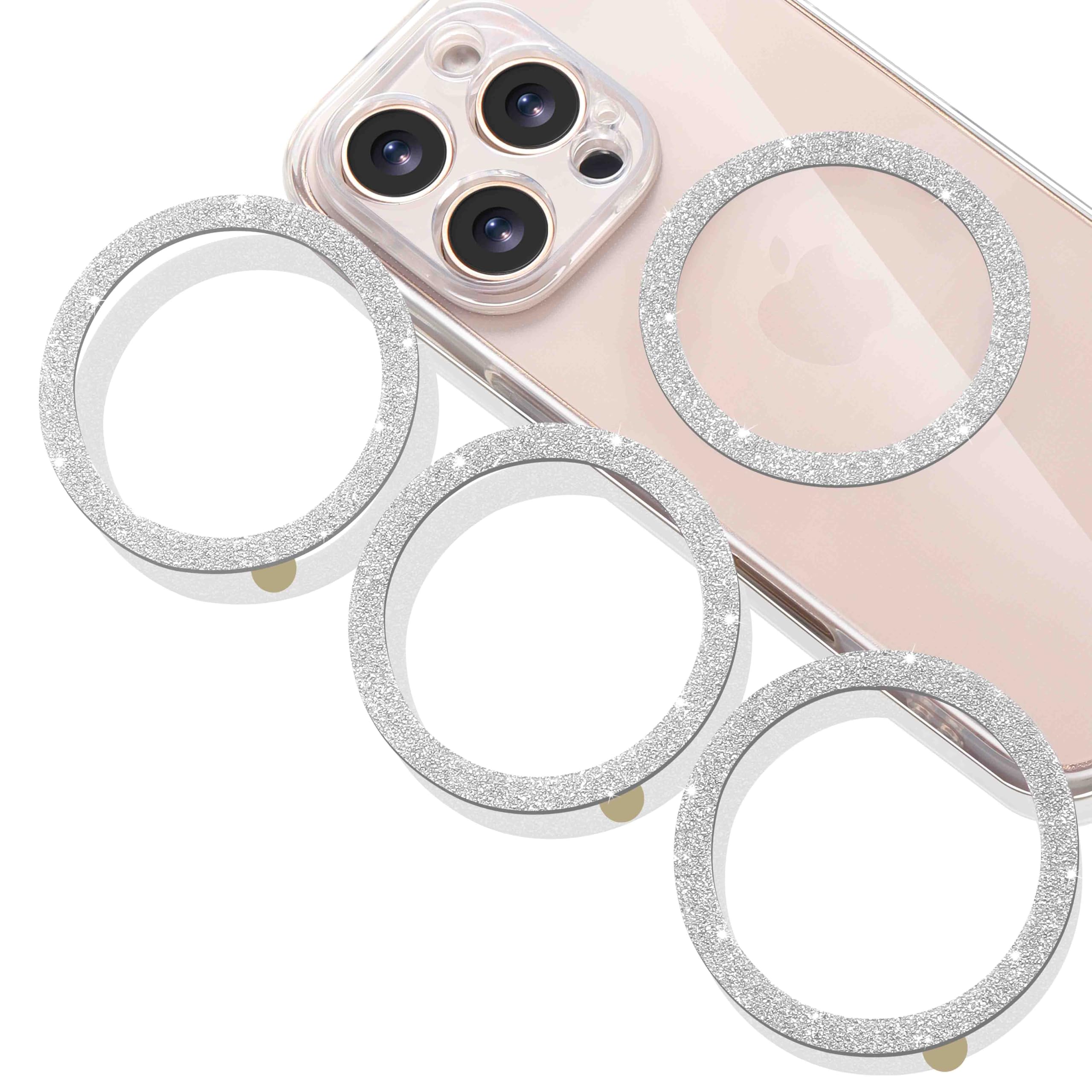 Jsoerpay Universal Metal Rings Compatible with Magsafe Sticker for All Phone Cases & Wireless Charging, Magnetic Car Mount/Phone Holder Conversion Kit, 4 Pack Glitter Silver