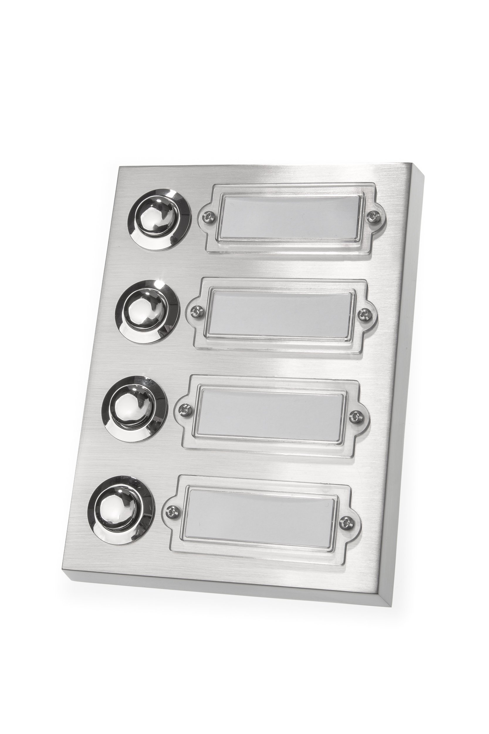 Huber Surface-Mounted 4-Way Metal Doorbell Button with Chrome-Plated Brass Finish and Polycarbonate Name Plate