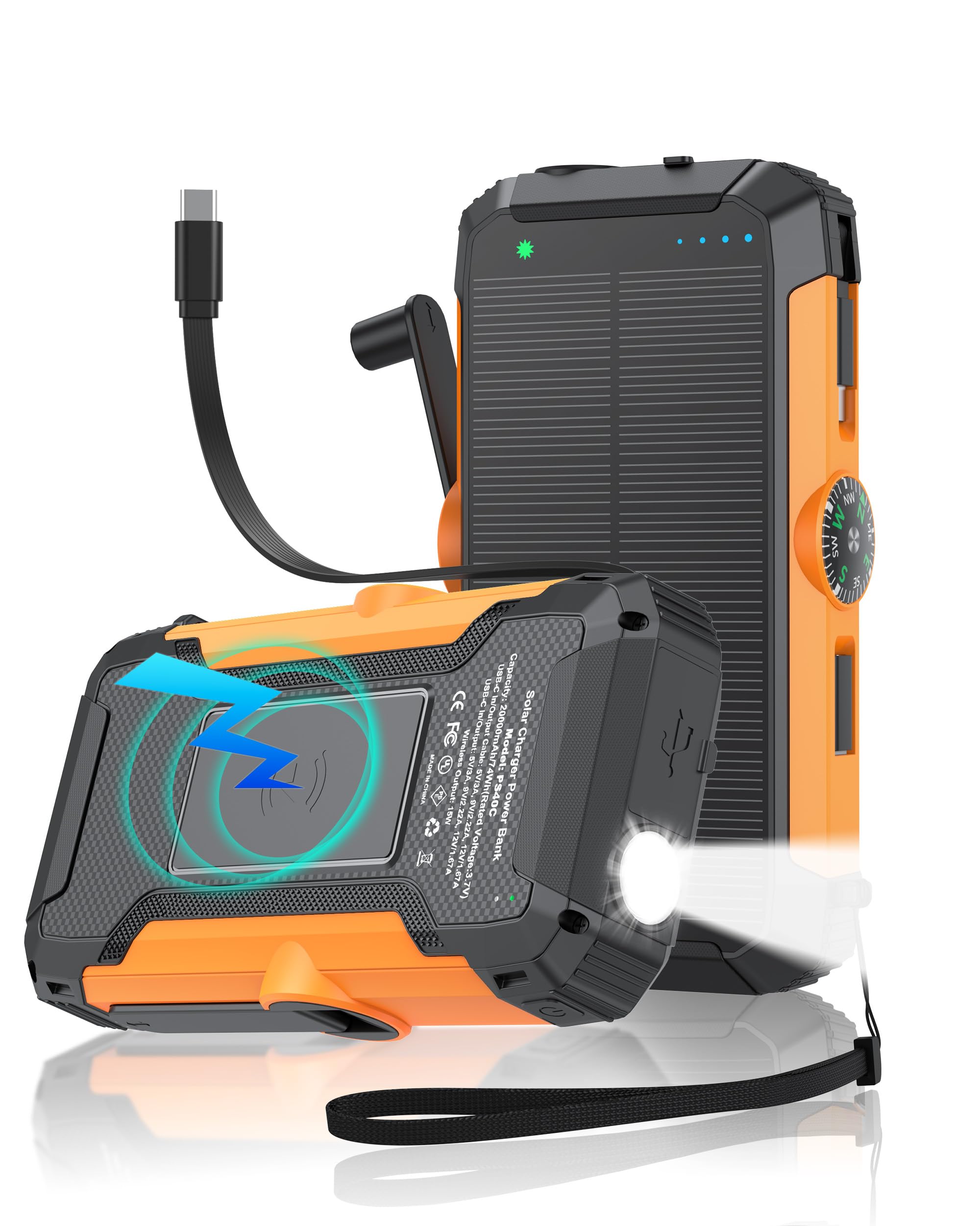 Solar Power Bank with Hand Crank and Retractable Cables, 20000mAh Wireless Portable Charger with USB-C & Camping Light, 25W Fast Charging Battery Pack for iPhone, iPad, Samsung, All Mobile Phones