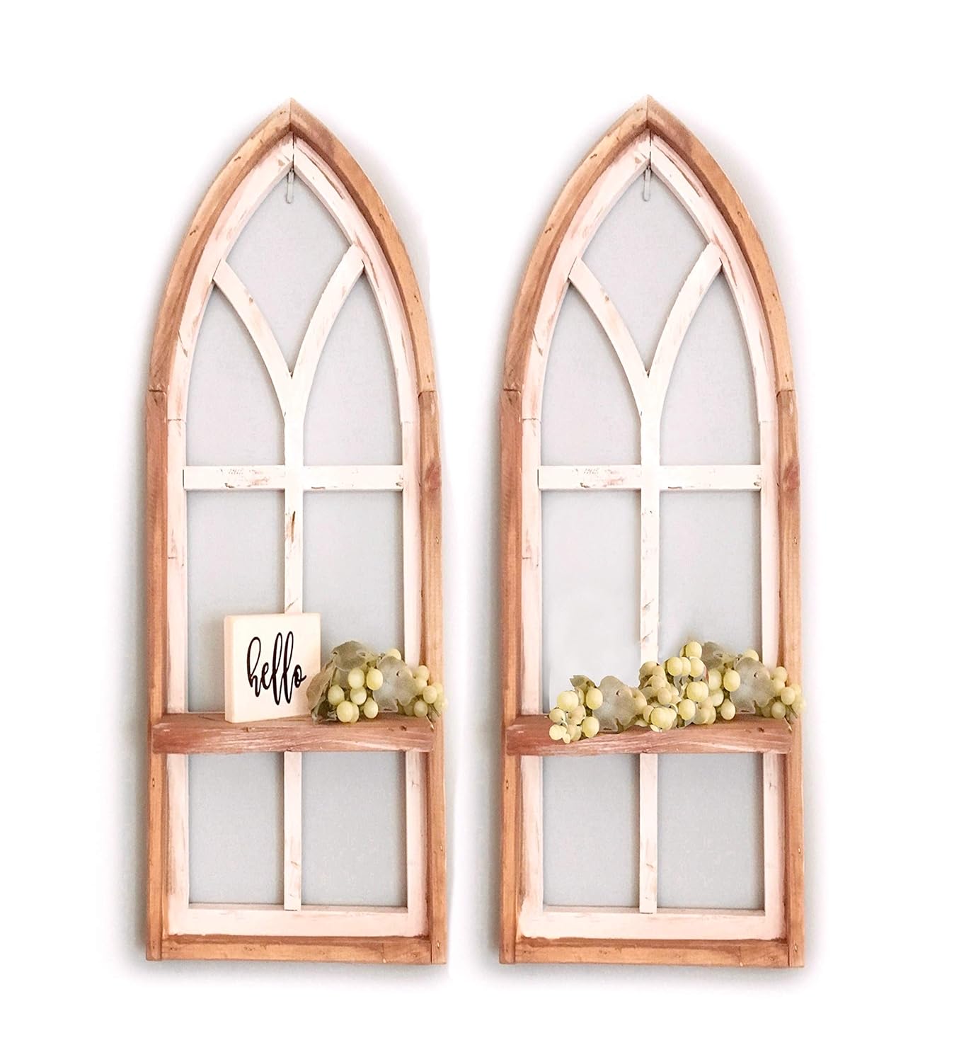 2 Cathedral arch window frames, Shelf, 36 inch Farmhouse cottage decor, Cathedral window frame, chippy paint, Wall decor, Farmhouse wall, Window frame