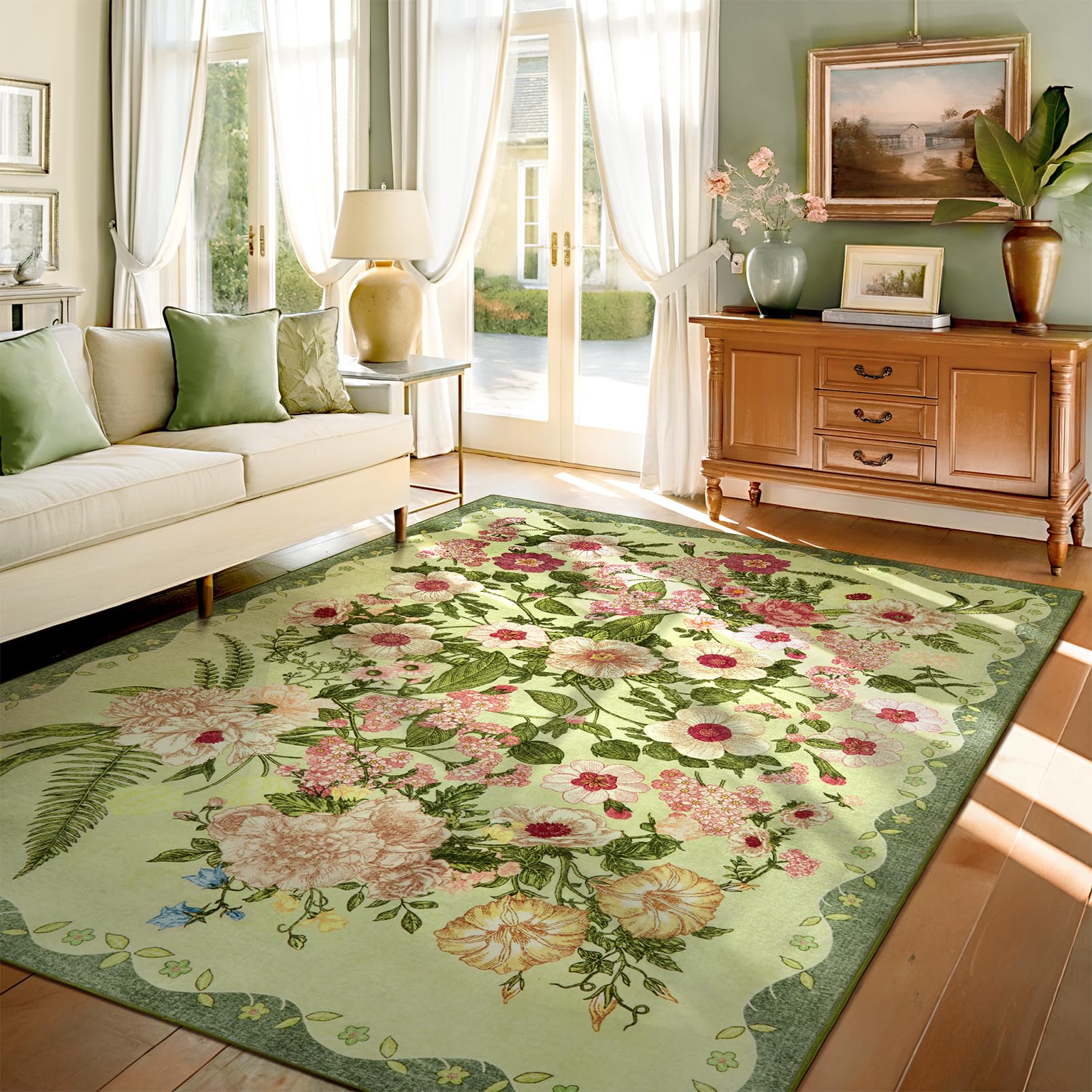 Photo 1 of AREAMAY Floral Washable 5x7 Area Rugs - Living Room Rug Non Slip Low Pile Stain Resistant Carpets Indoor Vintage Flower Print Rug for Bedroom Dining Room Kitchen Home Office Green