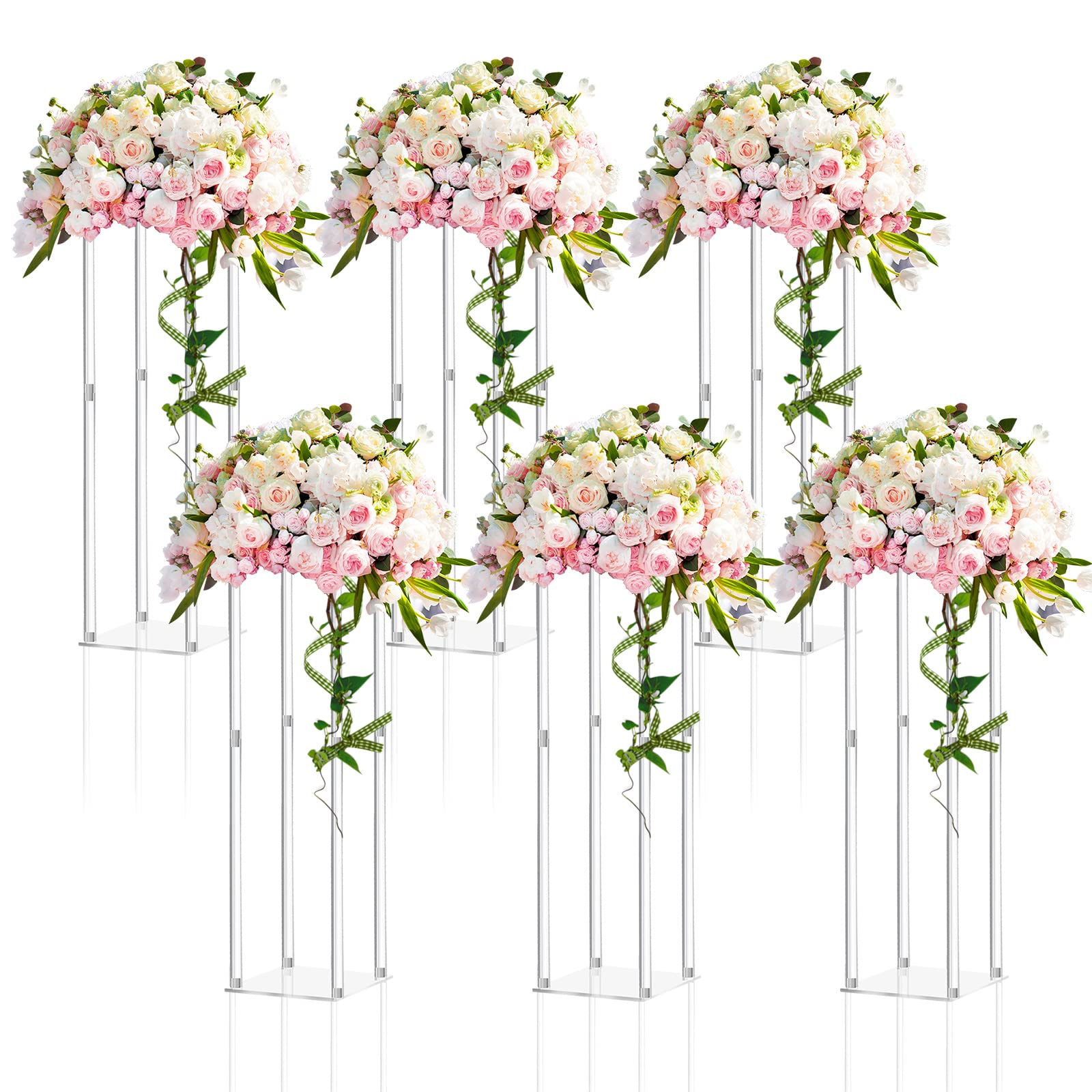 Photo 1 of Geetery 6 Pieces Tall Acrylic Vase Wedding Centerpieces Clear Flower Stand Column Geometric Floral Vase Elegant Display Holder for Birthday Party Wedding Table Decorations (28 Inch)