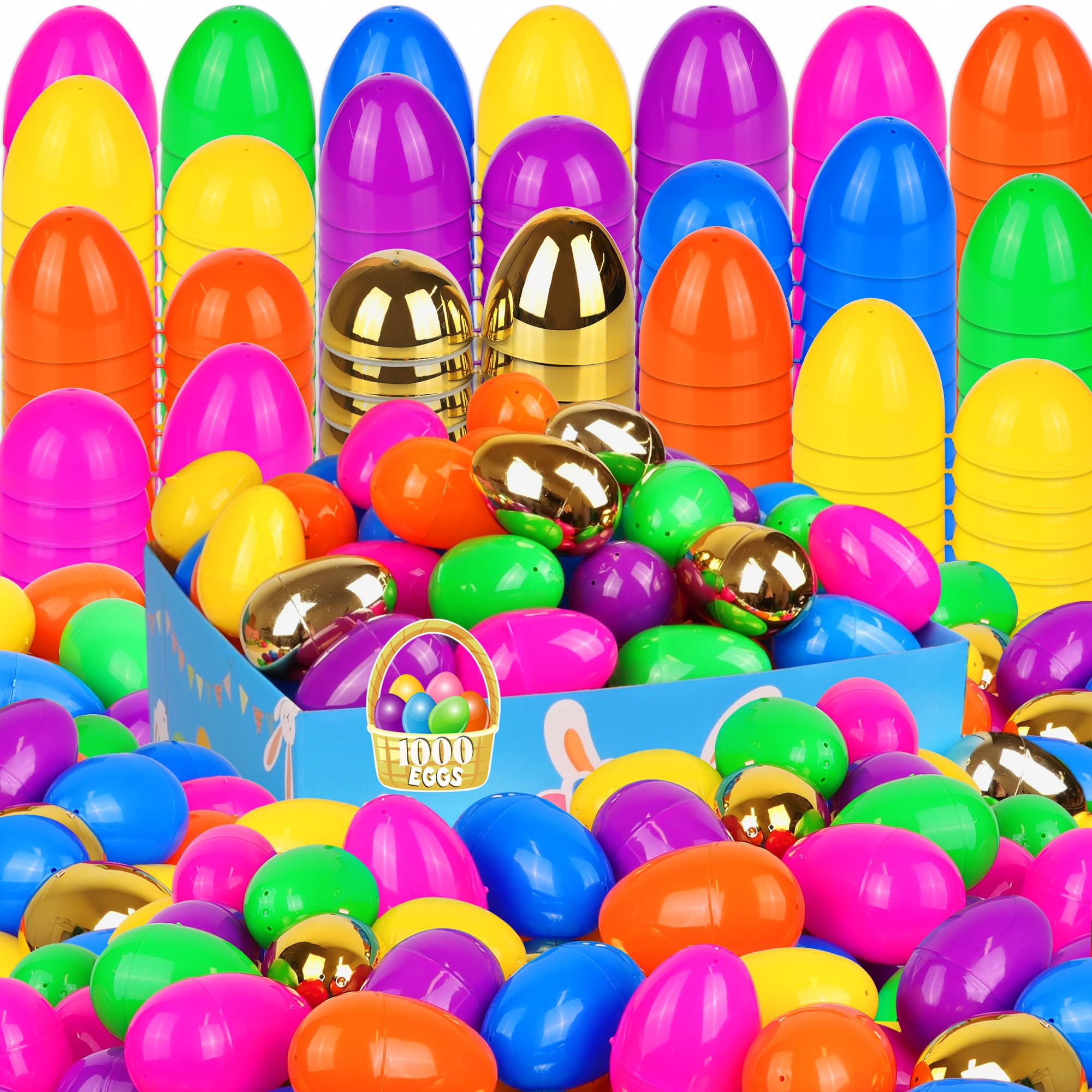 Photo 1 of 1000 Pack Colorful Fillable Easter Eggs with 6 Surprise Golden Eggs, 2.4 Inch Plastic Easter Egg Empty for Easter Hunt Party Favors Easter Basket Stuffers Fillers Classroom Prizes for Kids Boys Girls