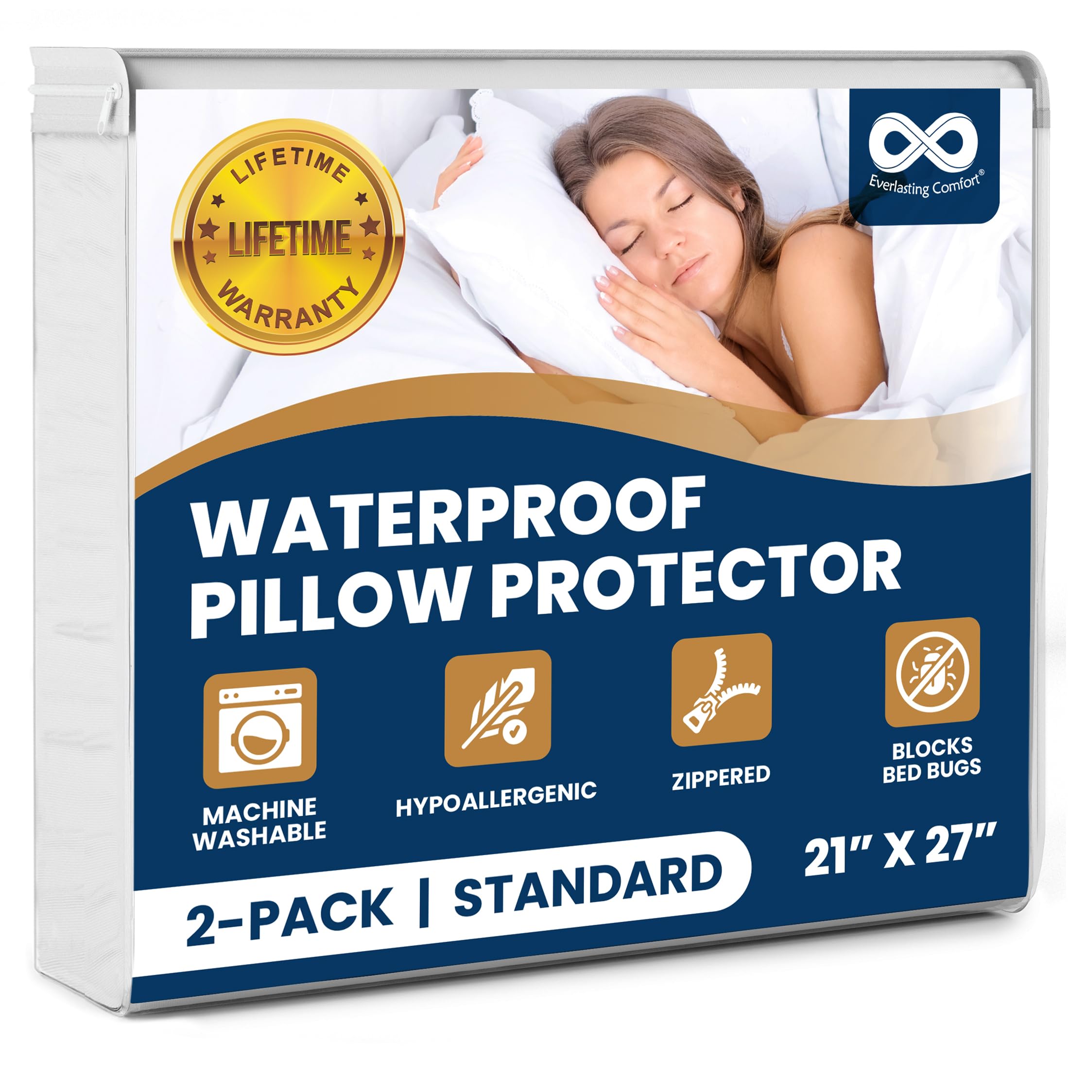 Photo 1 of 100% Stain Resistant & Waterproof Standard Size Pillow Protectors with Zipper Set of 2 - Bed Bug & Dust Mite Proof White Pillowcases - Breathable, Comfortable Covers for Pillows, 21 x 27 Inches
