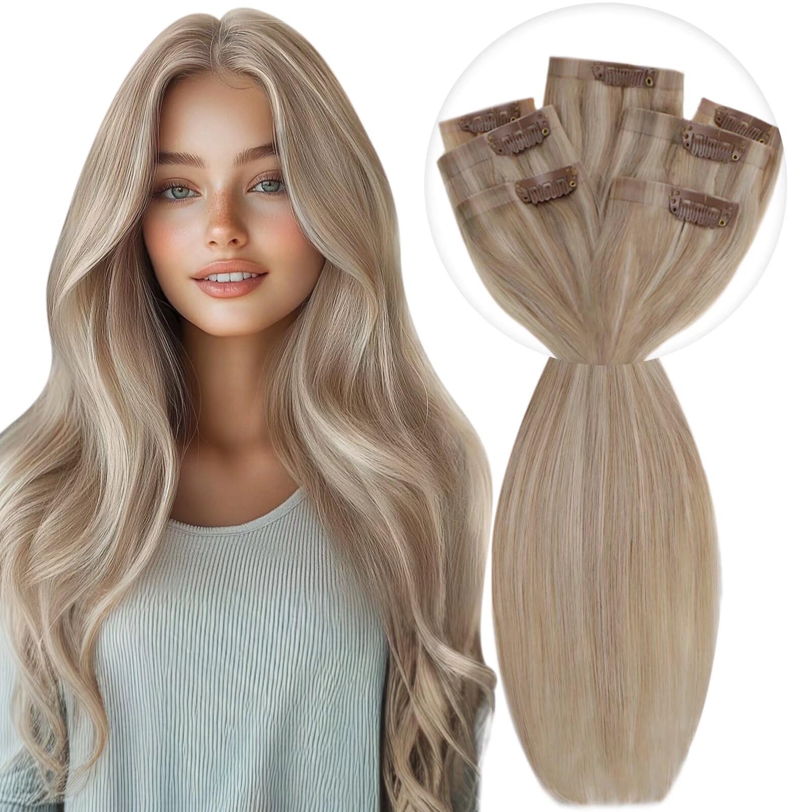 Vivien 22Inch Clip in Hair Extensions Real Human Hair Ash Blonde Highlight Clip in Extensions Seamless Blonde Long Smooth 140g 7Pcs #18/613