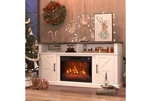 LubanNese Fireplace TV Stand for TVs Up to 65" with 23" Electric Fireplace, Entertainment Center with Storage Cabinet and Open Shelves, Media Console with Barn Doors for Living Room (White)