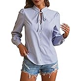 winkbay Women's Striped Button Down Shirt Elegant Tie Neck Lantern Long Sleeve Work Office Blouses