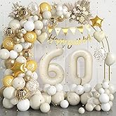 60th Birthday Decorations Sand White Gold,60th Balloon Arch Garland Kit With Number 60 Foil Balloons,Happy Birthday Banner for Women Men 60 Party Decoration