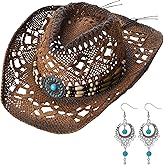 Zhamate Western Straw Cowboy Hat with Decorative Bands and Earrings Cowgirl Woven Sun Hat for Women Men Country Concert Rodeo Cowgirl Outfits Brown