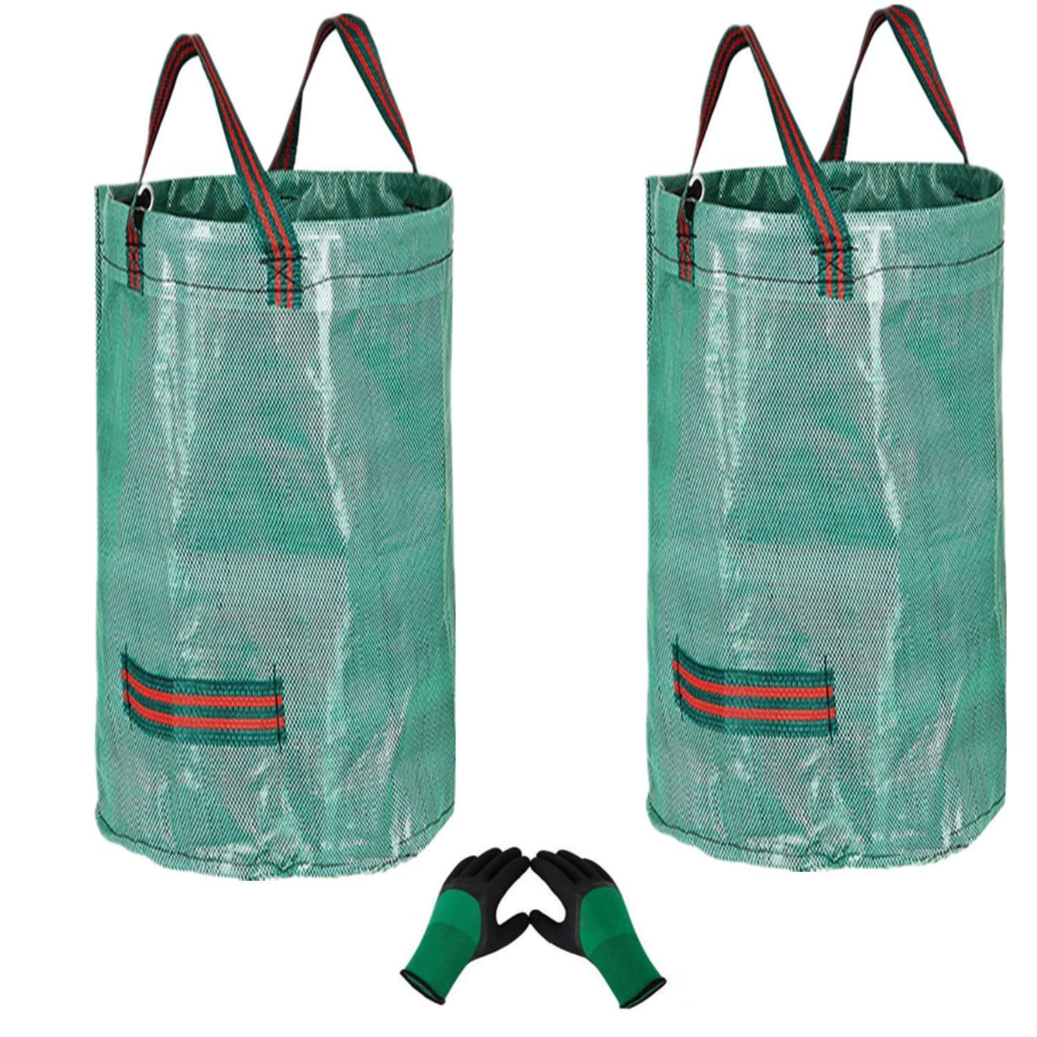 2Pcs 120L Large Garden Waste Bags (H76cm,D45cm) and 1 Gardening Gloves,Garden Waste Rubbish Bag Sack,Reusable Garden Refuse Sack,Waterproof Rubbish Refuse Sacks with Handles,Tearproof Leaf Grass Bags