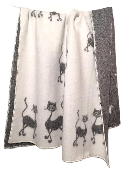 Wendedecke Wolldecke Wollplaid Plaid Kuscheldecke Wohndecke Katze Mr. & Ms. Cat 100% Wolle 130x200 cm weiß/grau