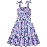 Kids4ever Girls Spaghetti Strap Dress 6-12Y Kids Sleeveless Cami Dresses Summer Beach Smocked Tiered Sundress with Pockets
